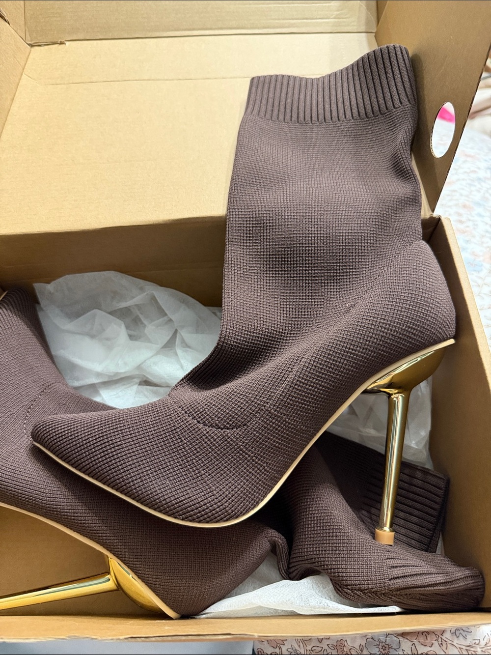 SHEIN Brown Stretch Sock Boot with Gold Stiletto Heel NWT
